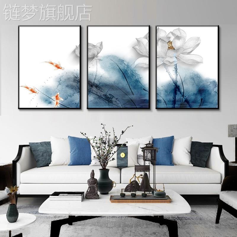 定做新中画式客厅装饰荷画水墨花沙发背景墙创意九鱼莲花组合三联图片