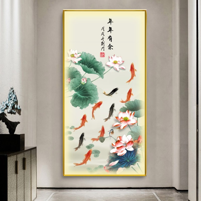 网红新中式竖版落地九鱼家和晶瓷书房背景装饰画发光荷花茶室玄关图片