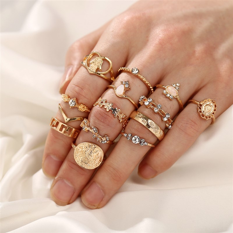 finger rings wome 15pcs set复古金币十字架花纹镶钻戒指15件套