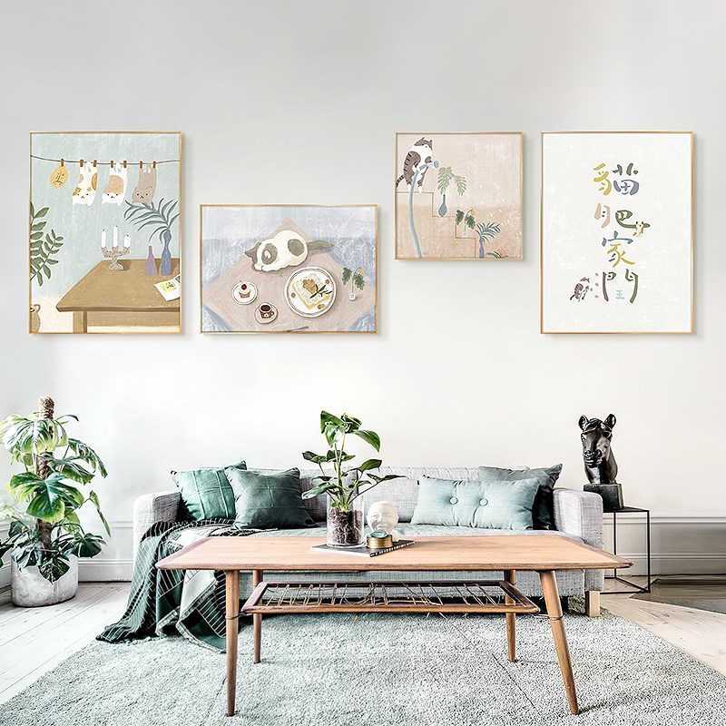 定做日式饭厅餐厅背景墙面装饰画小清新挂画现代简约高档猫画壁画图片