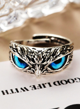 rings women 复古蓝色眼睛猫头鹰开口戒指创意可调节关节戒指女