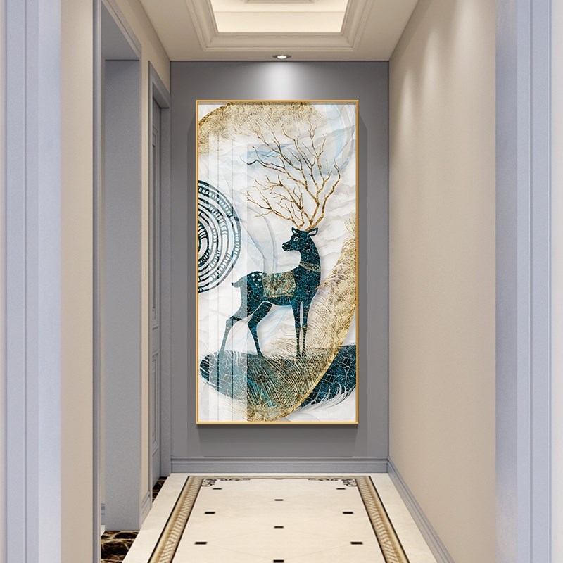 网红2022过道入户装饰画轻奢高端壁画玄关大象尽头入户画麋鹿走廊图片
