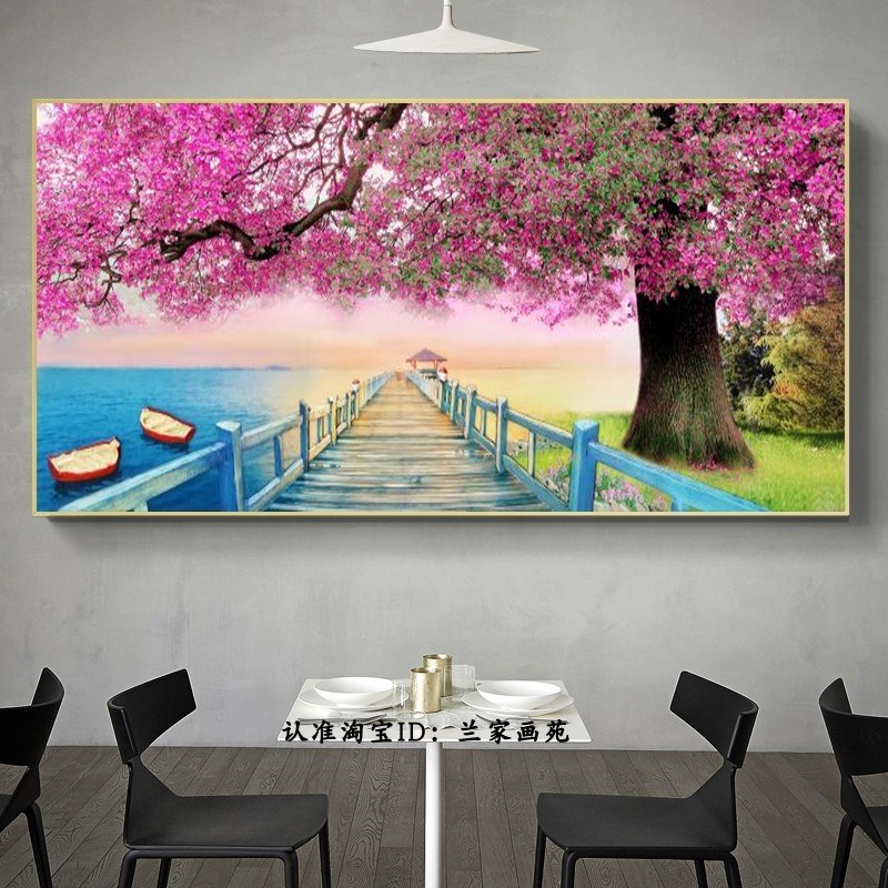 客厅沙发墙花海晶瓷画风景树画主卧轻奢温馨浪漫樱花树装饰画网红图片