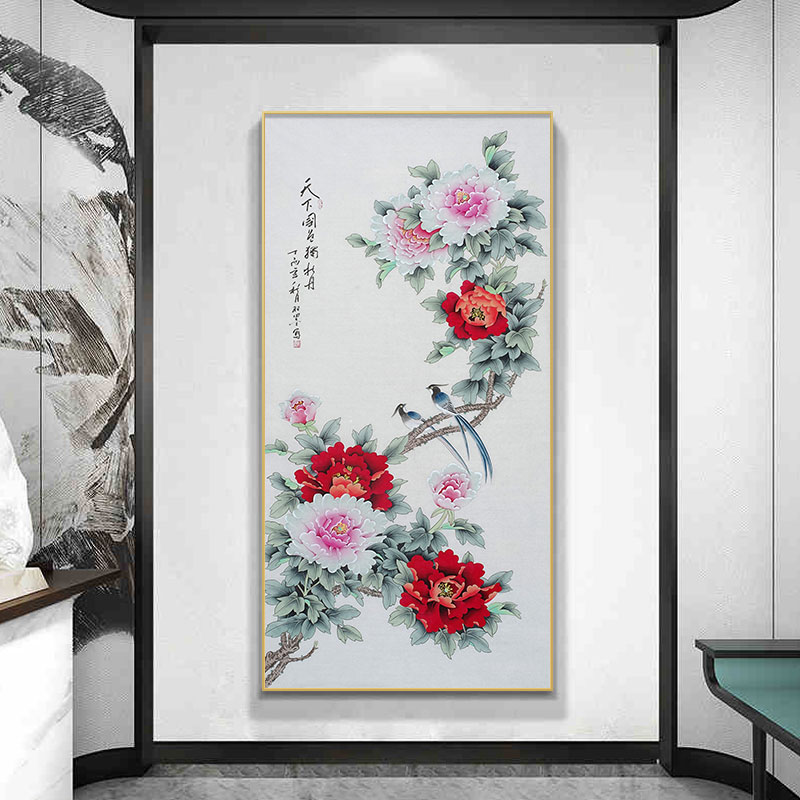 牡丹花鸟竖版装饰画新中式入户玄关过道背景墙面挂画花开富贵壁画图片