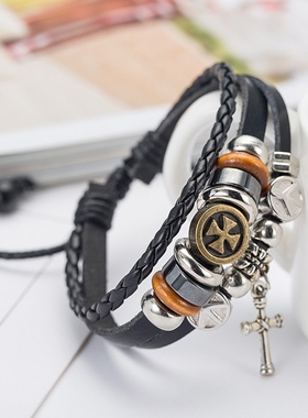 2023欧美潮人十字架手链个性男女流行编织皮革手链男士饰品手环