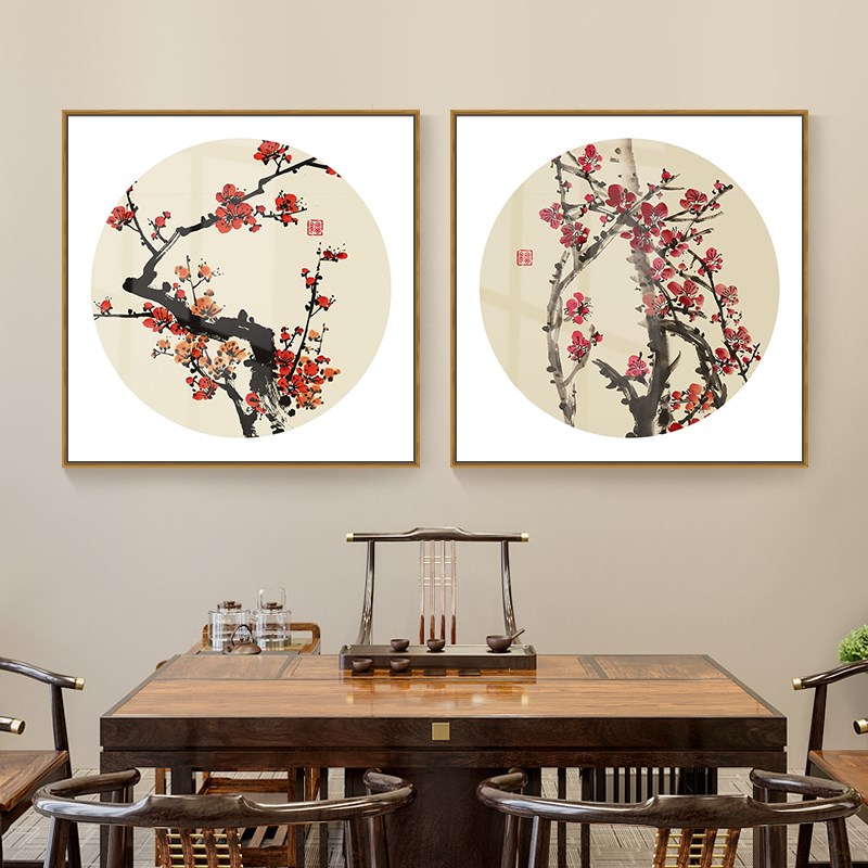 新中式餐厅背景墙挂画入户玄关装饰画书房茶室壁画进门梅花方形画图片