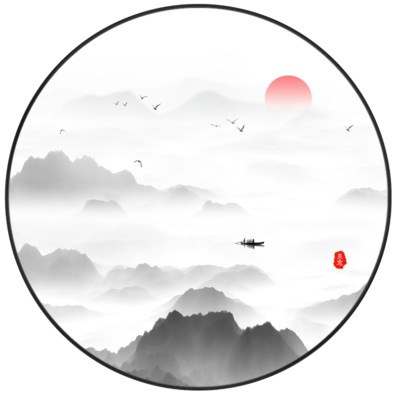 新中式圆形装饰画入户玄关走廊过道书房茶室水墨禅意山水风景挂画图片