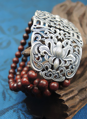 小叶紫檀手链女纯银多层复古银饰老银手饰品宽腕饰民族风礼物手串