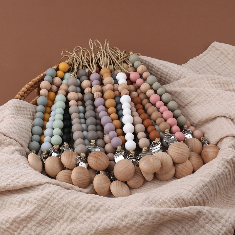 Baby Pacifier Clips Silicone Beads Wooden Ring Pacifier Chai