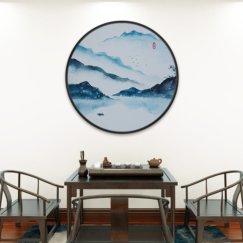 新中式客厅卧室装饰画圆形走廊玄关背景墙山水挂画中国风茶室禅意图片