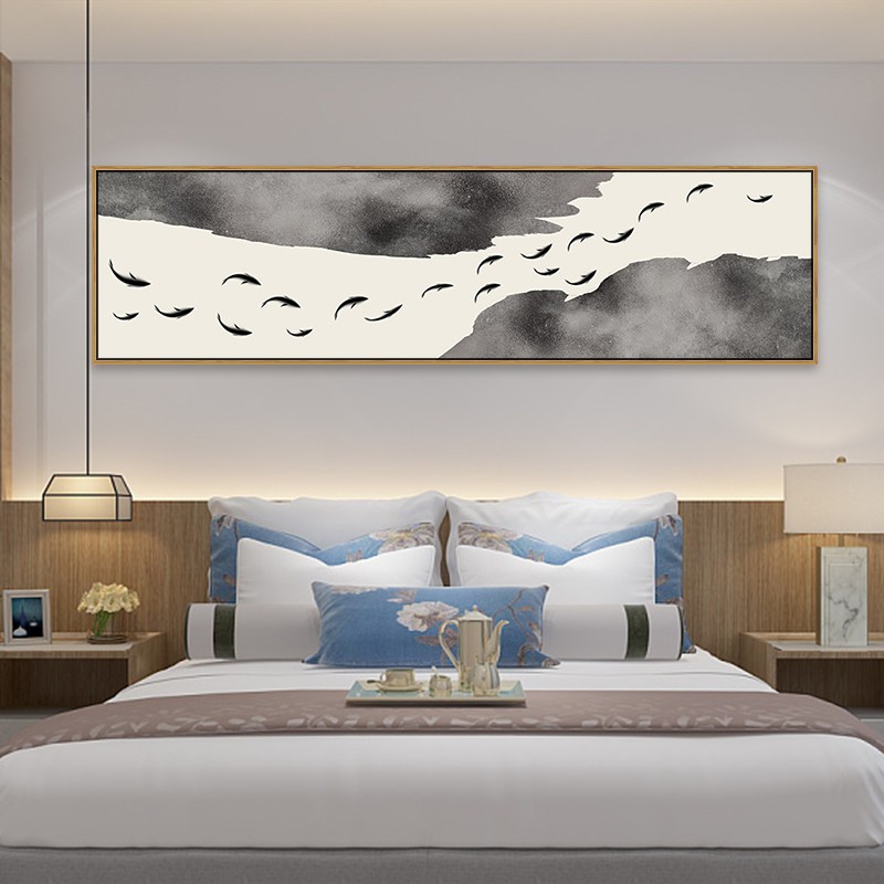 新中式水墨床头画中国风鱼装饰画卧室客厅荷叶墙画横幅背景墙挂画图片