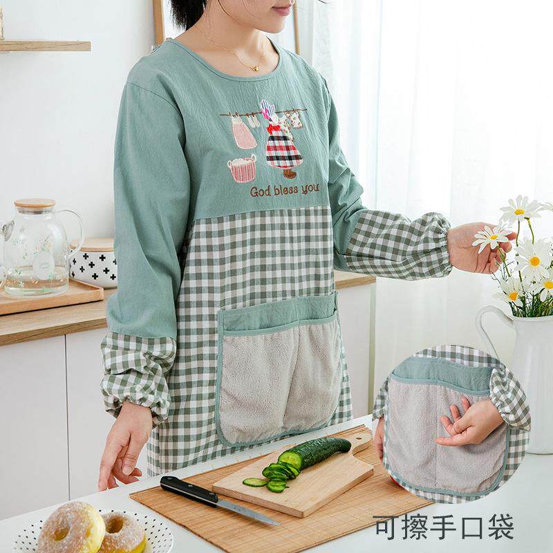 围裙家用厨房可擦手反穿罩衣外套大人长袖纯棉防油污时尚成人做饭