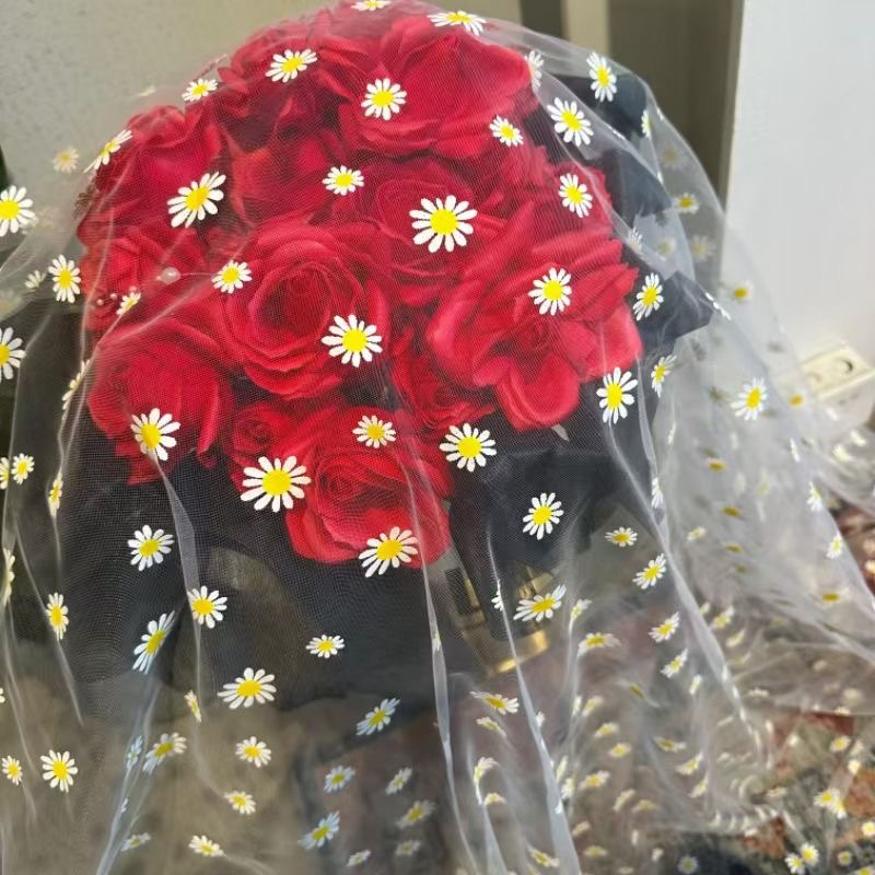 田园小雏菊网纱布料硬胶拍照装饰背景布服装裙面料办婚礼蕾丝纱幔