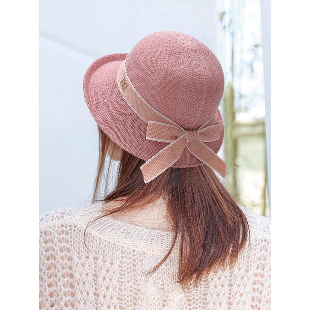 2024春夏新款时尚女帽丝带蝴蝶结小沿渔夫帽透气遮阳显脸小针织冒