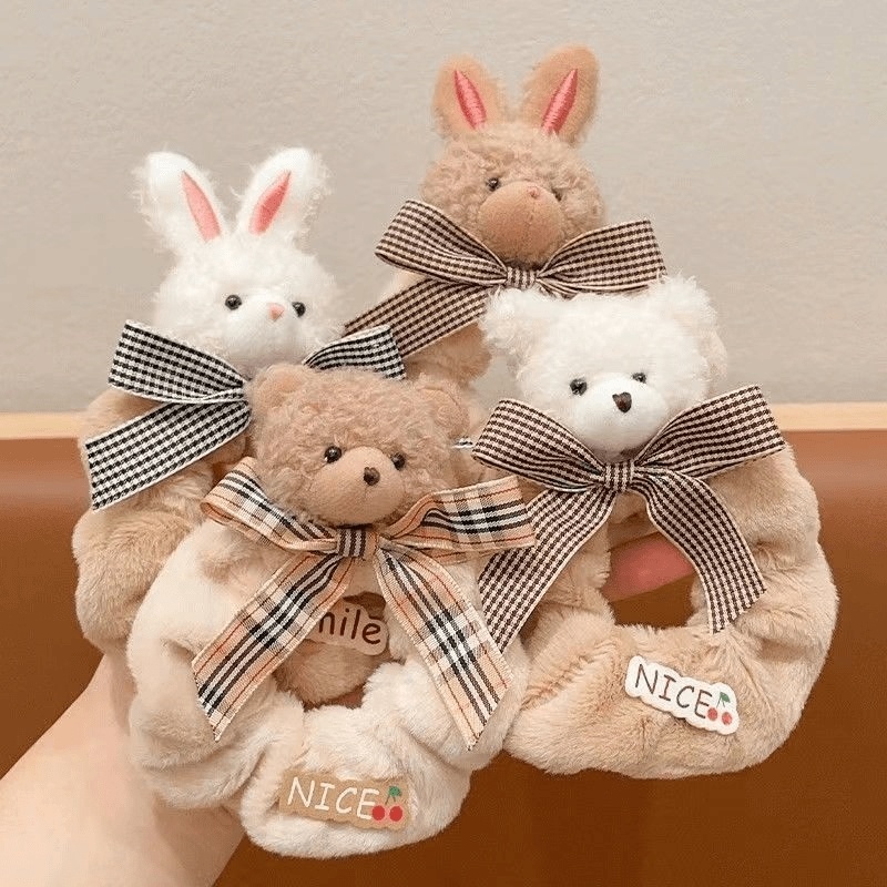 秋冬儿童大肠发圈小女孩奶咖小熊毛绒头绳女童不伤发扎丸子头发饰