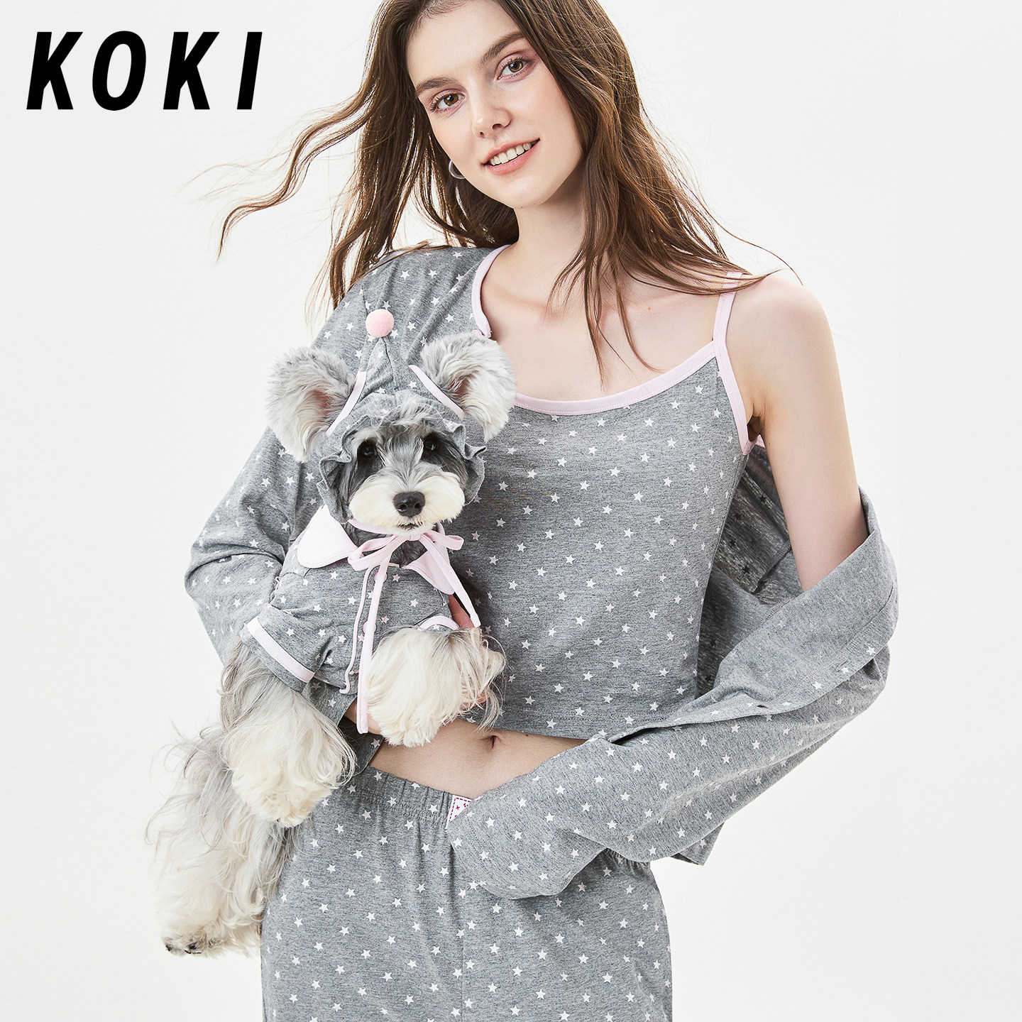 KOKI人宠睡衣套装纯棉针织开衫家居服四季韩系休闲星星长裤吊带