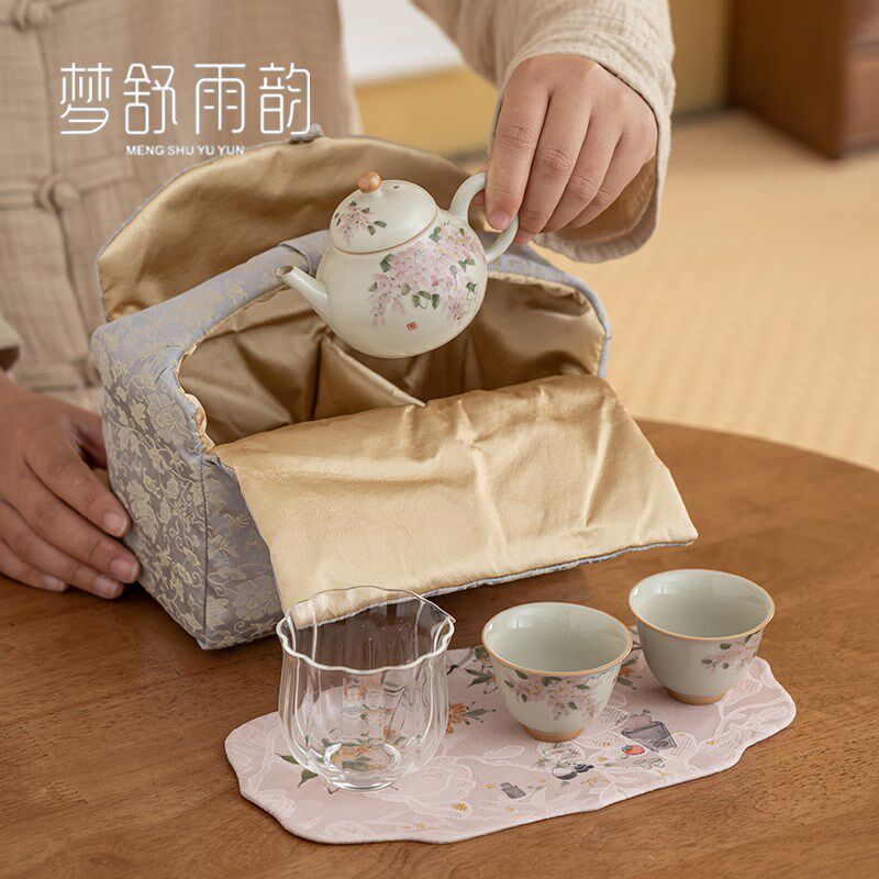 现货草木灰手绘紫藤花布包一壶两杯功G夫茶具茶壶茶杯便携旅行茶