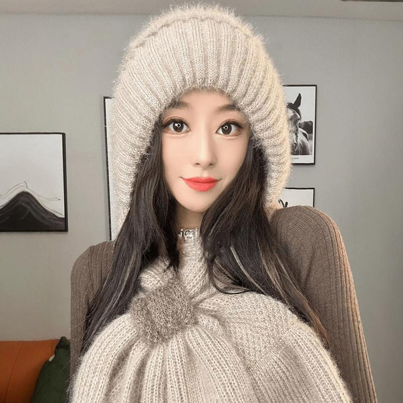 冬季保暖帽子围巾一体帽护颈护耳针织毛线包头帽加绒加厚风雪帽女