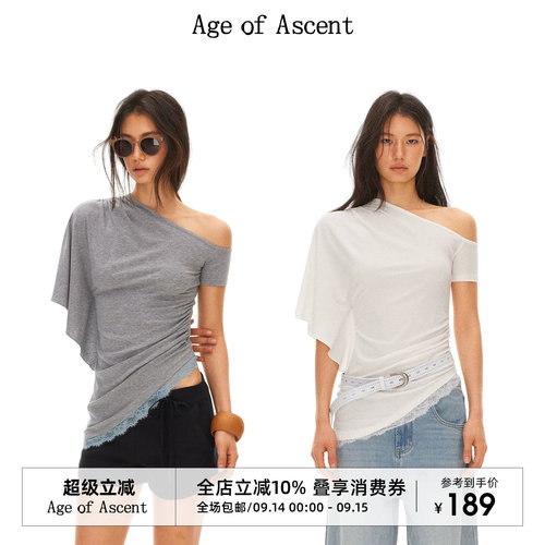 Age of Ascent 莱赛尔维纳斯不规则斜肩蕾丝斜摆设计感T恤