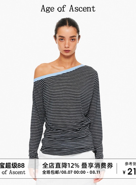 Age of Ascent 天丝莱赛尔不对称斜肩撞色多穿法条纹堆叠针织T恤