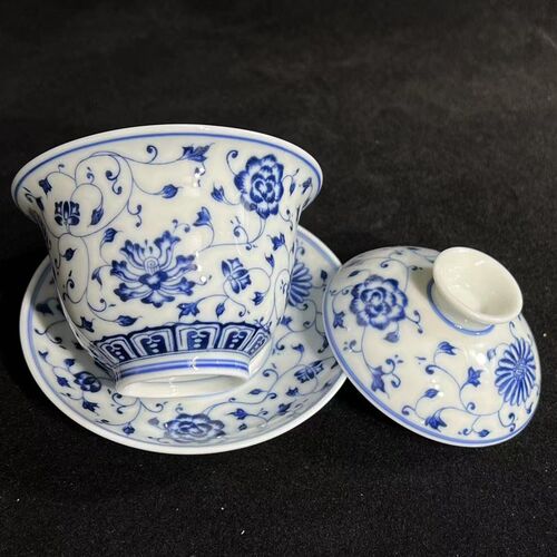 景德镇160ml盖m碗三才茶杯陶瓷茶具复古茶碗青花瓷白瓷单个青花