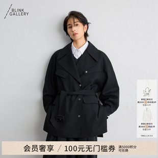 BLINK/精纺羊毛英伦经典翻领工装风中长款戗驳领西装风衣外套系带