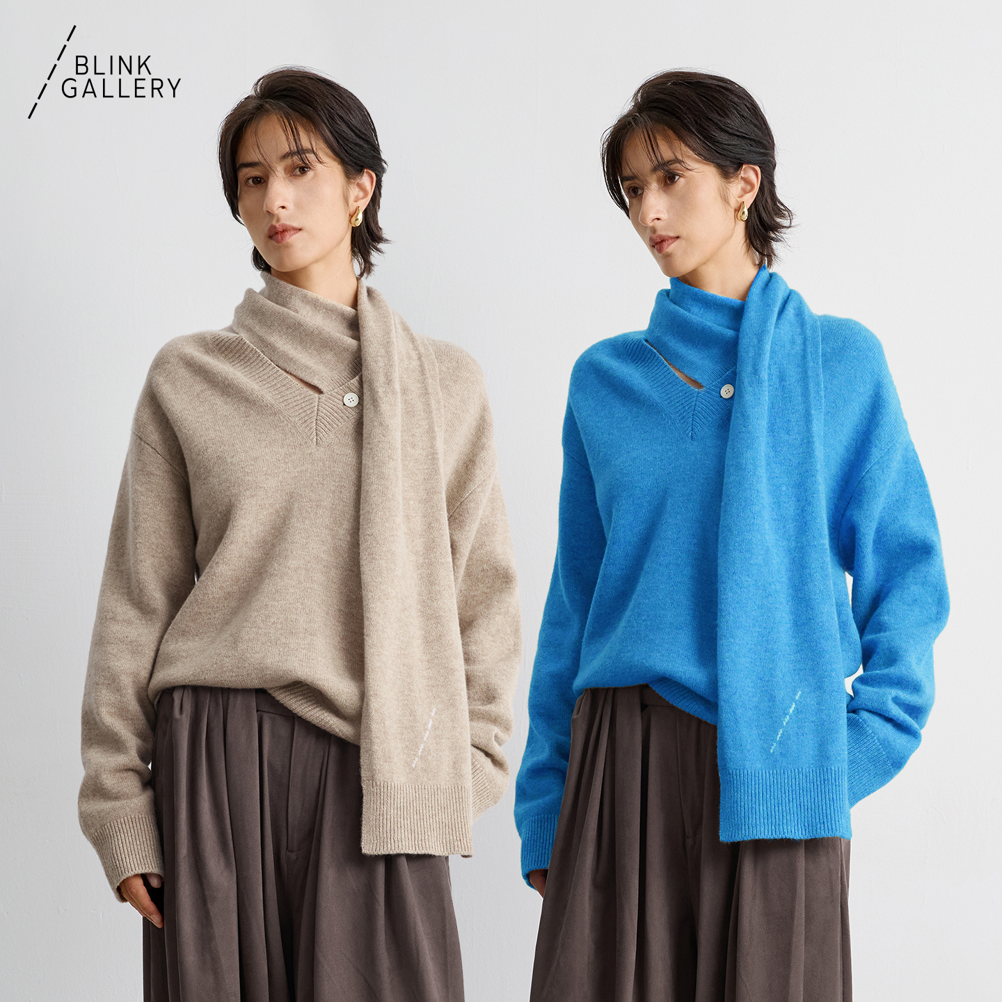 BLINK/澳洲17.5mic超细羊毛可拆卸围巾围脖针织衫双色毛衣两穿