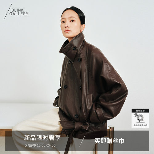 BLINK/柔影摩登风 复古环保蛋白皮量感立领短款低腰系带皮衣外套
