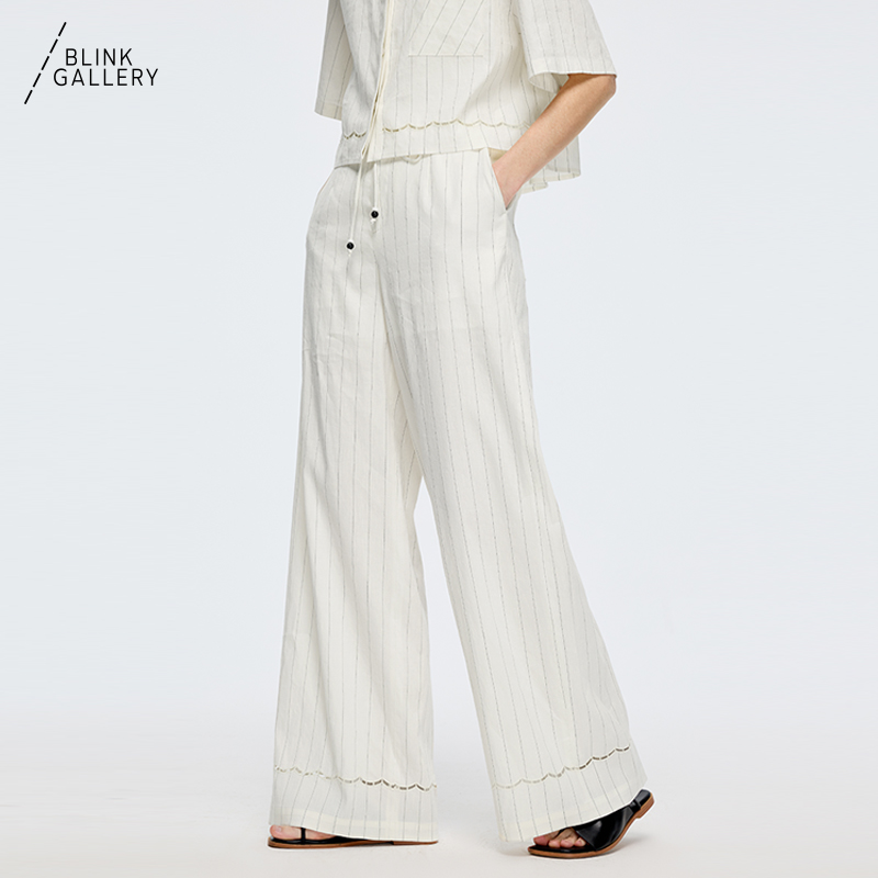 BLINK/ 麻条纹镂空系带轻薄凉直筒阔腿休闲裤白
