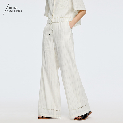BLINK/ 麻条纹镂空系带轻薄凉直筒阔腿休闲裤白