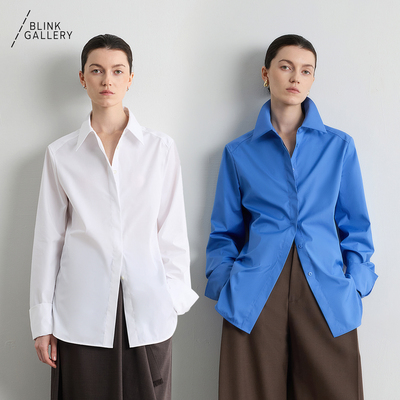 BLINK/日本进口抗皱面料修身衬衫双色职场高智收腰长袖上衣珍珠饰