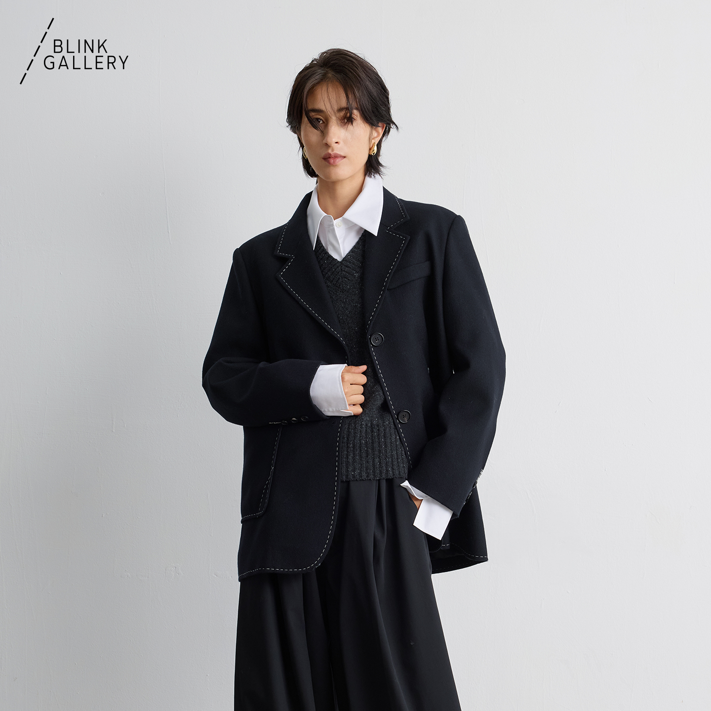 BLINK/澳洲美莉诺羊毛廓形手工缝线外套西装袖口后背收腰明线细节