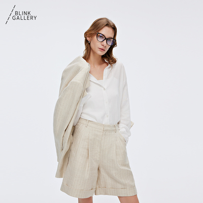 BLINK/「曙光系列」法式金葱设计休闲亚麻条纹百慕西裤