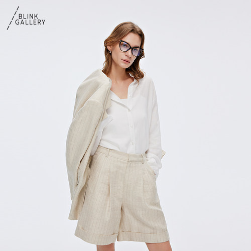BLINK/「曙光系列」法式金葱设计休闲亚麻条纹百慕西裤