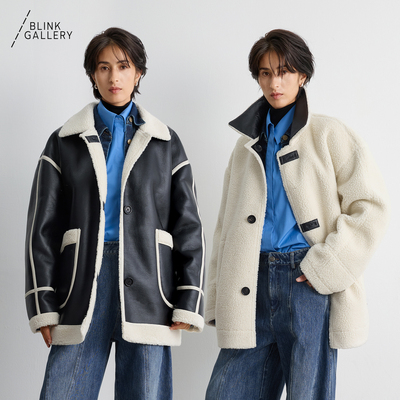 BLINK/重磅超轻环保仿皮毛一体双面穿解构外套做旧蜡感裂纹夹克