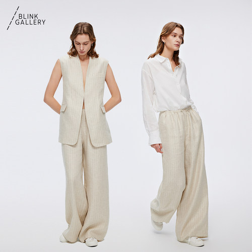 BLINK/「曙光系列」法式金葱设计休闲亚麻阔腿长裤套装