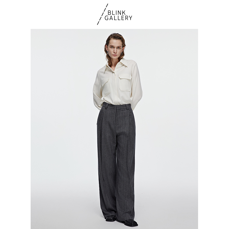 BLINK/简约智感静奢格雷系灰色羊毛夹花人字纹高腰西装阔腿裤