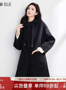 SeRina Blue2025冬季新款100羊毛连帽女士年轻款双面羊毛大衣外套