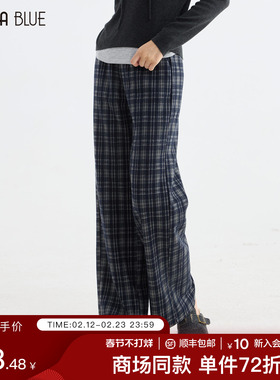 SeRina Blue商场同款2025冬季复古高腰格子休闲裤女加绒直筒裤子