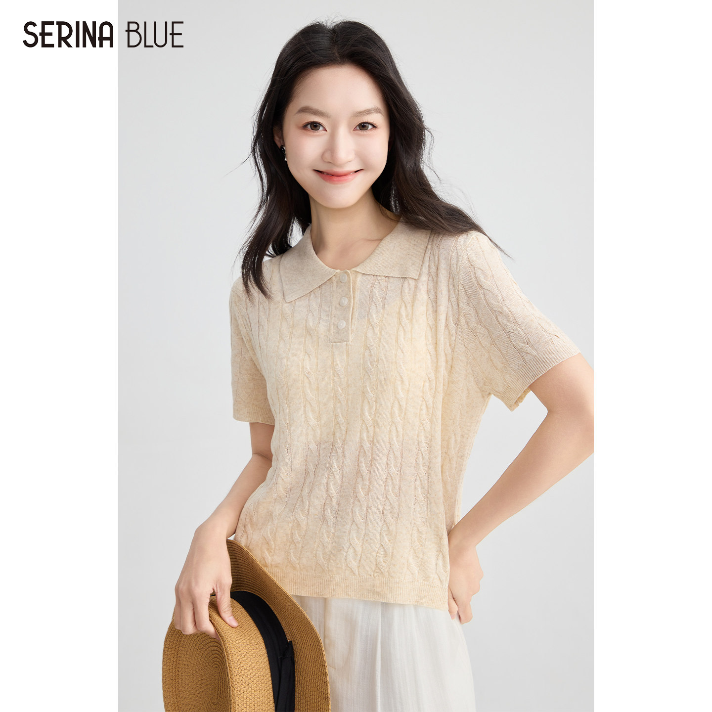 SeRina Blue商场同款2026新款竖麻花条纹Polo领针织短袖T恤女夏季