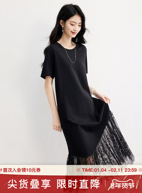 SeRina Blue2025年夏季新款黑色蕾丝裙摆长款优雅女士短袖连衣裙