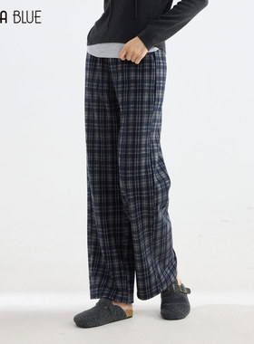 SeRina Blue商场同款2025冬季复古高腰格子休闲裤女加绒直筒裤子