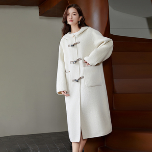SeRinaBlue沙芮娜连帽牛角扣长款2026年春款含绵羊毛呢大衣外套女