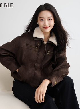SeRina Blue商场同款冬季新款复古翻领保暖短款女士机车夹克外套