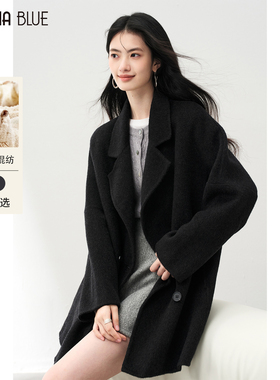 SeRina Blue2025冬季新款双排扣羊毛双面呢大衣女小个子上衣外套