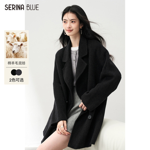双排扣羊毛双面呢大衣女小个子上衣外套 新款 SeRina Blue2025冬季