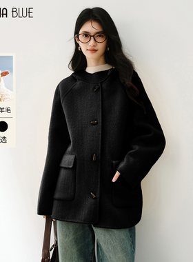 SeRina Blue2025冬季高级感连帽绵羊毛大衣女减龄牛角扣毛呢外套