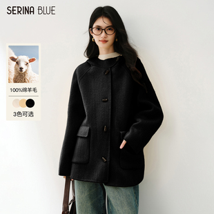 SeRina 高级感连帽绵羊毛大衣女减龄牛角扣毛呢外套 Blue2025冬季