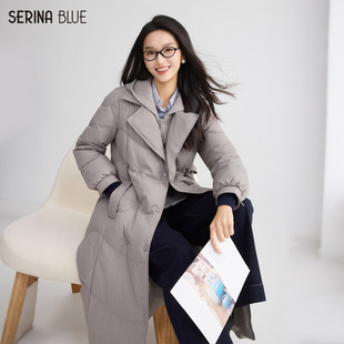 保暖加厚外套白鸭绒连帽长款 女士冬季 羽绒服 Blue商场同款 SeRina
