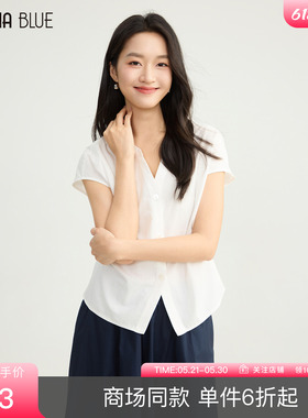 SeRinaBlue商场同款2026新款白色短袖衬衫女夏季薄款宽松减龄上衣